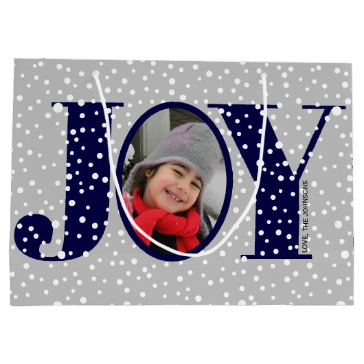 Navy blue JOY en sneeuwvlokken twee foto-kerstdage Groot Cadeauzakje (Achterkant)