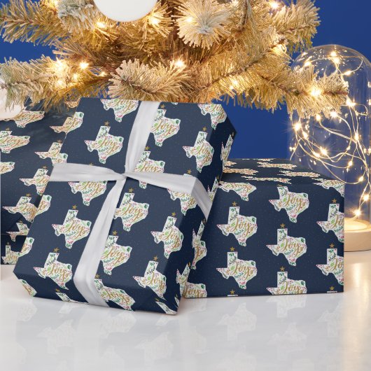 Navy Blue Joy Holiday Leaves Texas Shape Cadeaupapier (Feestdagen)