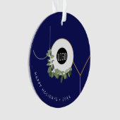 Navy Blue JOY Krans Happy Holidays Logo Promo Ornament (voorkant)