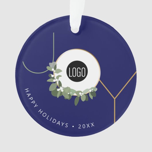 Navy Blue JOY Krans Happy Holidays Logo Promo Ornament (voorkant)