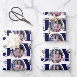 Navy blue Joy met kerstfeestfoto's Inpakpapier Vel