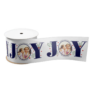 Navy blue Joy met kerstfoto met bessen Satijnen Lint