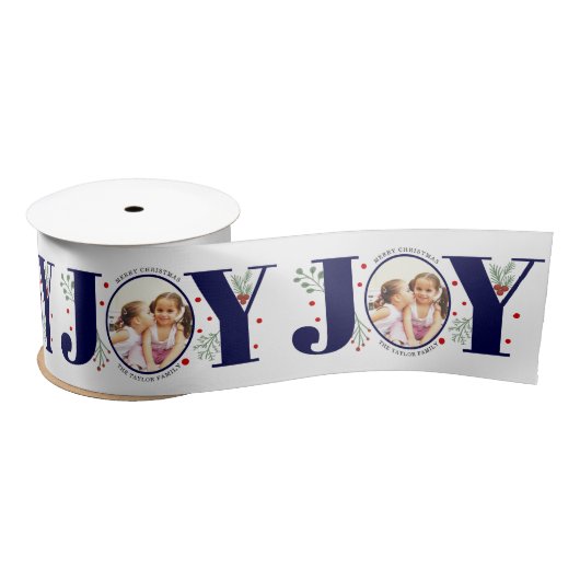 Navy blue Joy met kerstfoto met bessen Satijnen Lint (Spoel)