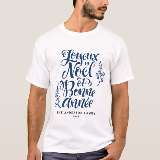Navy Blue Joyeux Noël et Bonne Année Christmas T-shirt (Voorkant)