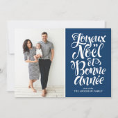 Navy Blue Joyeux Noël et Bonne Année Script Foto Feestdagenkaart (Voorkant)