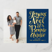 Navy Blue Joyeux Noël et Bonne Année Script Foto Folie Feestdagen Briefkaart (Voorkant)