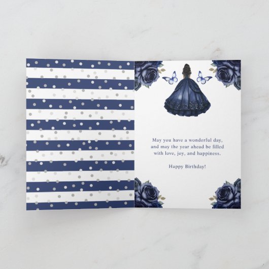 Navy Blue Jurk Donkere Huid Prinses Verjaardag Kaart (Binnen)