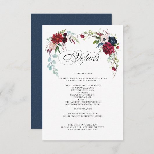 Navy blue | Kaarten voor het huwelijk van Burgundy (Voorkant / Achterkant)