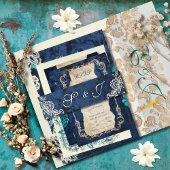 Navy Blue  Kant Elegante Romantische Huwelijk Uitnodigingen Wikkel