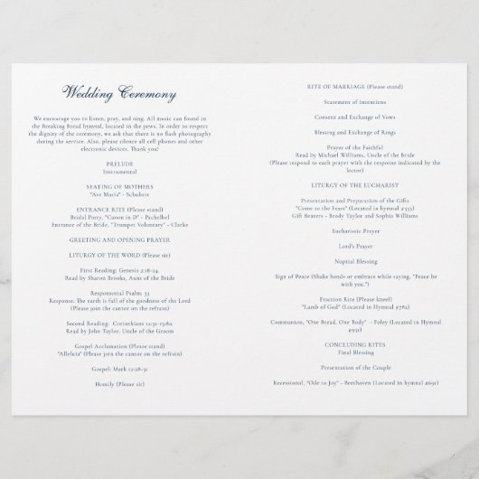 Navy Blue katholieke Wedding Mass Ceremony Program (Achterkant)