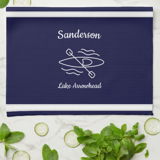 Navy Blue Kayak Monogram Name Lake House Kitchen T Theedoek (Gevouwen)