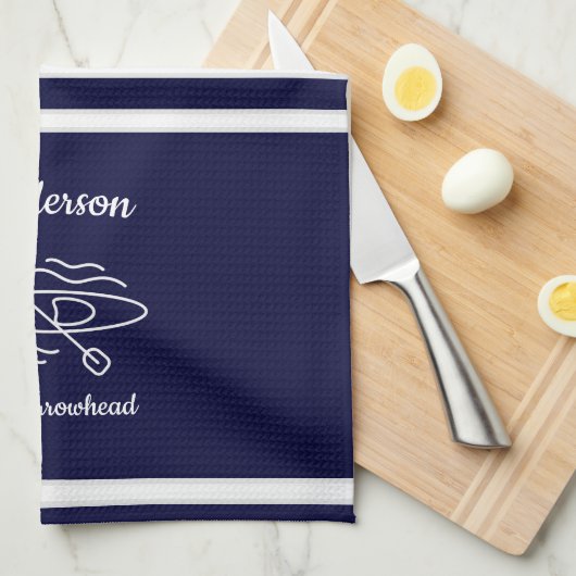 Navy Blue Kayak Monogram Name Lake House Kitchen T Theedoek (Quarter Fold)