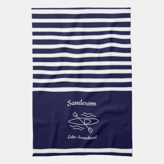 Navy Blue Kayak Monogram Name Lake House Kitchen T Theedoek (Verticaal)