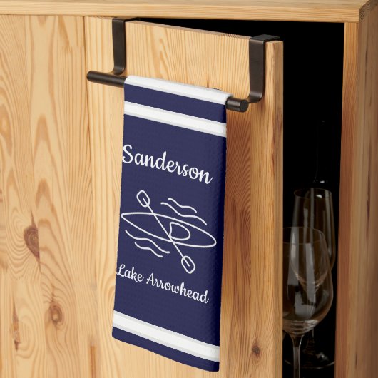Navy Blue Kayak Monogram Name Lake House Kitchen T Theedoek (Derde Gevouwen)