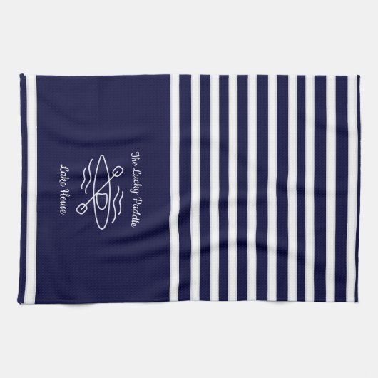 Navy Blue Kayak Monogram Name Lake House Theedoek (Horizontaal)