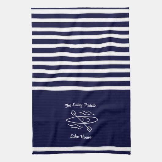 Navy Blue Kayak Monogram Name Lake House Theedoek (Verticaal)