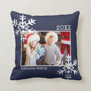 Navy Blue Kerstmis Foto verergerde sneeuwvlokken Kussen