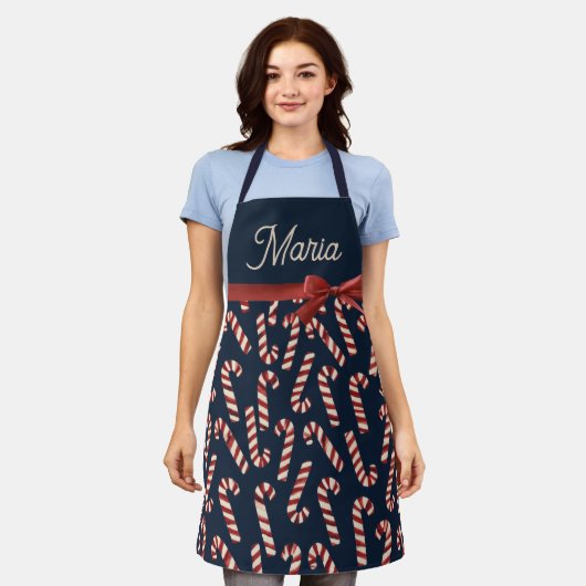 Navy Blue Kerststokken Schort (Gedragen)