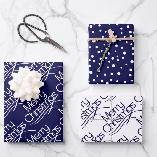 Navy blue kersttypografie en stippen vakantie Wr Inpakpapier Vel (Voorkant)
