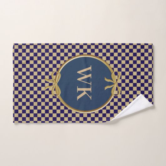 Navy Blue & Khaki Brown Checks & Monogram Handdoek (Handdoek)