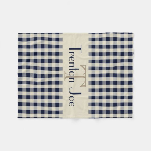 Navy Blue Khaki Check Pattern Monogram Name Boys Fleece Deken (Voorkant (Horizontaal))
