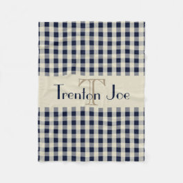 Navy Blue Khaki Check Pattern Monogram Name Boys Fleece Deken