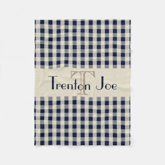 Navy Blue Khaki Check Pattern Monogram Name Boys Fleece Deken (Voorkant)