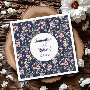 Navy Blue Kleurrijke Waterverf Wildflowers Wedding Servet