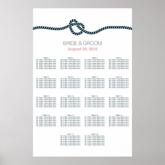 Navy Blue Knot 18 Tables Wedding Seating Chart Poster (Voorkant)