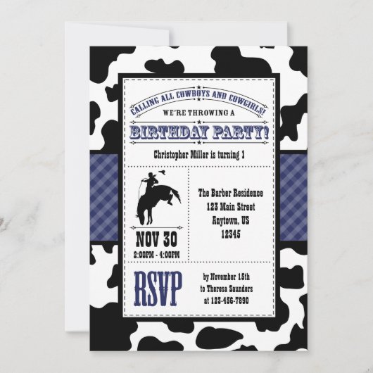 Navy Blue Koeienhuid Cowboy Birthday Kaart (Voorkant)