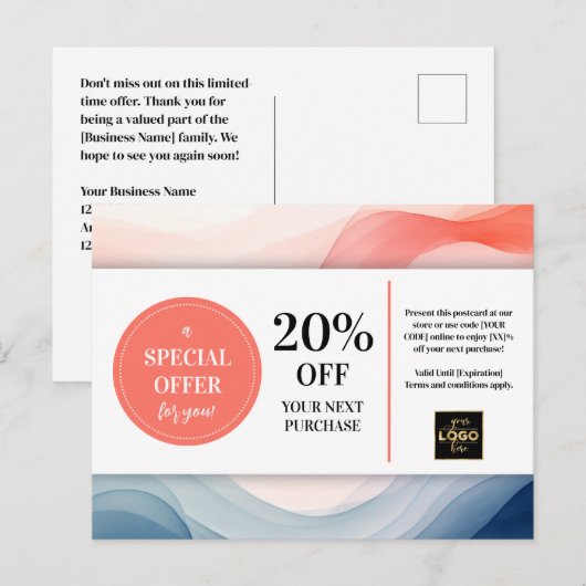 Navy Blue Koraal Waterverf Coupon Korting Briefkaart (Voorkant / Achterkant)