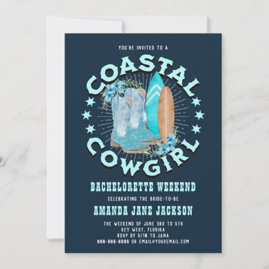 Navy Blue Kust Cowgirls Bachelorette Weekend Kaart (Voorkant)