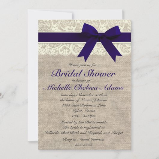 Navy Blue Lace Burlap Bridal Shower Kaart (Voorkant)