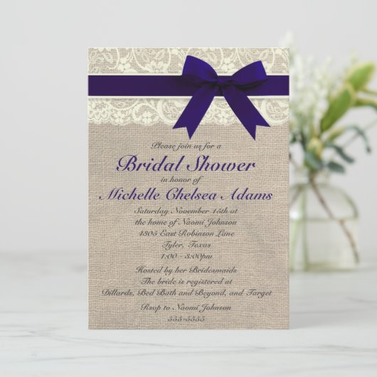 Navy Blue Lace Burlap Bridal Shower Kaart (Staand voorkant)