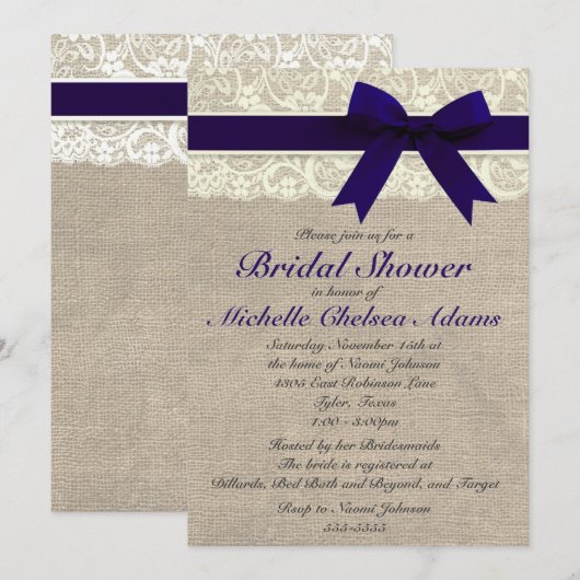 Navy Blue Lace Burlap Bridal Shower Kaart (Voorkant / Achterkant)