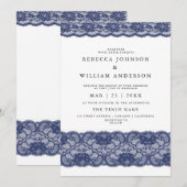 Navy Blue Lace Elegant Modern Wedding Invitation Kaart (Voorkant / Achterkant)