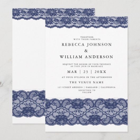 Navy Blue Lace Elegant Modern Wedding Invitation Kaart (Voorkant / Achterkant)