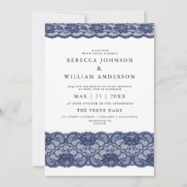 Navy Blue Lace Elegant Modern Wedding Invitation Kaart