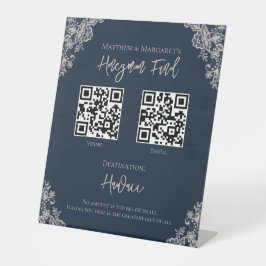 Navy Blue & Lace Honeymoon Fund Wedding QR Reclamebord Met Voetstuk