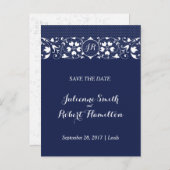 Navy Blue Lace Monogram Save the Date Briefkaart (Voorkant / Achterkant)