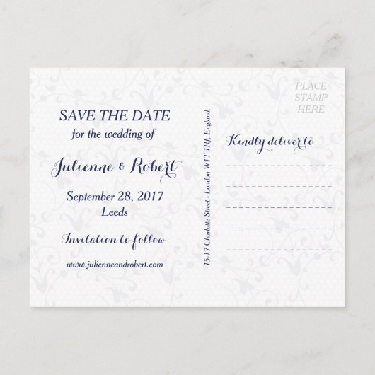 Navy Blue Lace Monogram Save the Date Briefkaart (Achterkant)