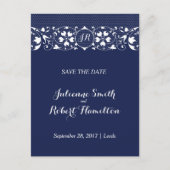 Navy Blue Lace Monogram Save the Date Briefkaart (Voorkant)