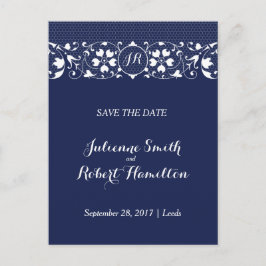 Navy Blue Lace Monogram Save the Date Briefkaart