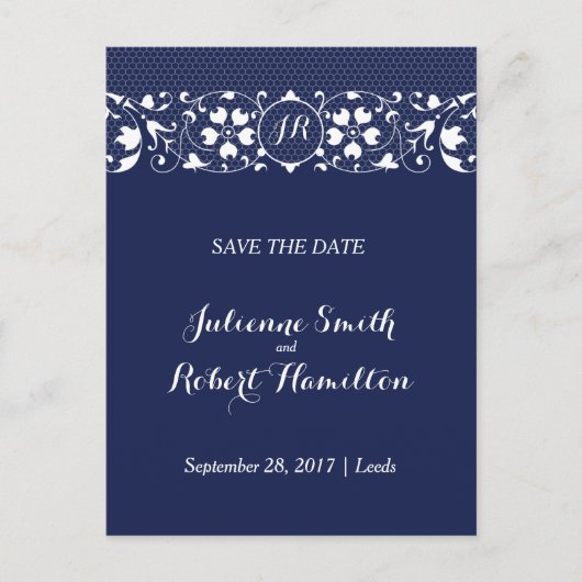 Navy Blue Lace Monogram Save the Date Briefkaart (Voorkant)