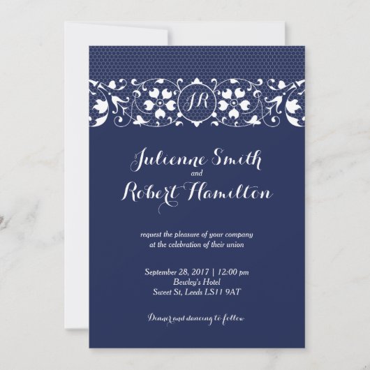 Navy Blue Lace Monogram Weddenschap Kaart (Voorkant)