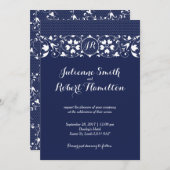 Navy Blue Lace Monogram Weddenschap Kaart (Voorkant / Achterkant)