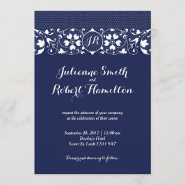 Navy Blue Lace Monogram Weddenschap Kaart