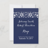 Navy Blue Lace Monogram Wedding RSVP (Voorkant)