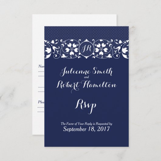 Navy Blue Lace Monogram Wedding RSVP (Voorkant / Achterkant)