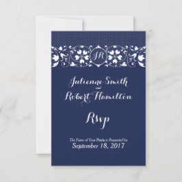 Navy Blue Lace Monogram Wedding RSVP Kaartje